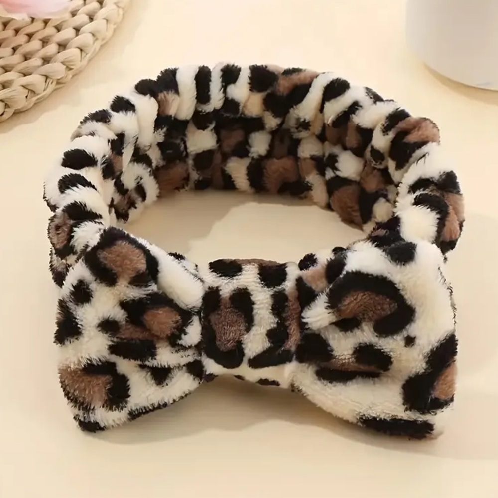 Leopard Print Plush Spa Bow Headband